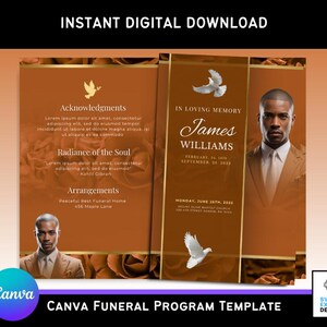 Könnte beinhalten: Eine braune und goldene Trauerfeier-Programmvorlage mit einer Taube und einem Foto eines Mannes. Der Text lautet "In liebevoller Erinnerung James Williams" und enthält Geburts- und Todesdaten. Das Programm enthält auch den Text "Danksagungen", "Strahlen der Seele" und "Anordnungen".