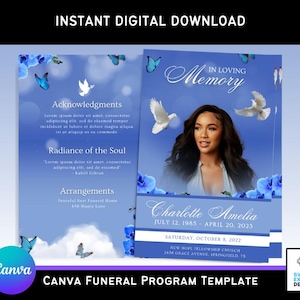 Puede incluir: Una plantilla de programa de funeral azul y blanco con una foto de una mujer y mariposas. El texto dice "En memoria cariñosa" y "Charlotte Amelia".