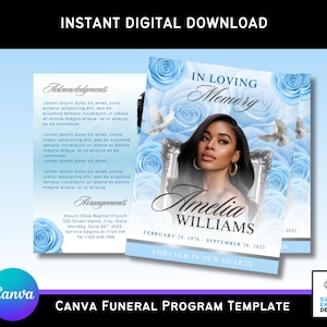 May include: A Canva funeral program template with a light blue floral design. The program features the text "In Loving Memory" and the name "Amelia Williams." The template includes a photo and the dates February 24, 1976 - September 28, 2022.