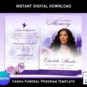 Elegant Purple Roses Funeral Program Template: Bi-Fold Brochure (Canva, 11x8.5 in) (Digital Download)