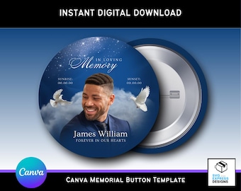 Editable Navy Blue Memorial Button Template | Canva RIP Keepsake | 3x3 Digital Funeral Button Design