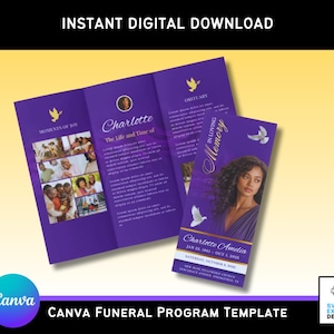 Purple and Yellow Canva Funeral Program Template  – Elegant Trifold Brochure (11x8.5 in) with Roses