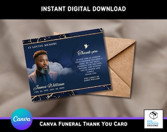 Tarjeta de agradecimiento para funeral con rosas azul marino y doradas: Plantilla editable de Canva (descarga digital)