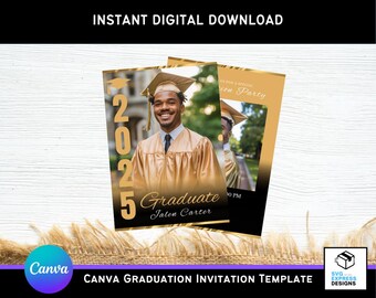 Gold & Black Graduation Invitation Template 2025: 5x7 Canva Card (Digital Download)