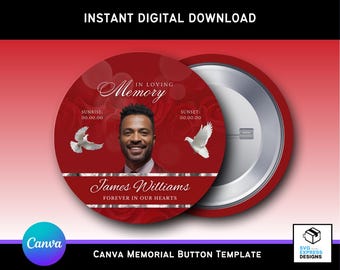 Bewerkbare sjabloon rode herdenkingsknop | Canva RIP-aandenken | 3 x 3 digitaal rouwknopontwerp