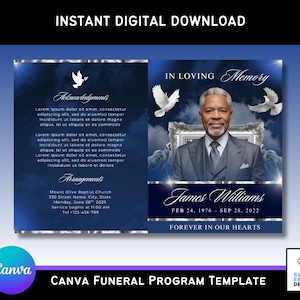 Op de afbeelding: Een digitale begrafenisprogrammasjabloon met een marineblauwe achtergrond en zilveren accenten. Het programma bevat een foto van James Williams, tekst en duifillustraties. De tekst luidt "In Loving Memory" en "Forever in Our Hearts."