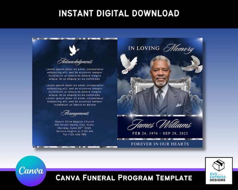Op de afbeelding: Een digitale begrafenisprogrammasjabloon met een marineblauwe achtergrond en zilveren accenten. Het programma bevat een foto van James Williams, tekst en duifillustraties. De tekst luidt "In Loving Memory" en "Forever in Our Hearts."