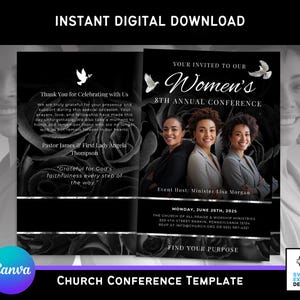 Sjabloon Canva-conferentieprogramma voor vrouwenkerk | Bewerkbare brochure religieuze evenementen in zilver en zwart | 11 x 8,5 dubbelgevouwen | Ontwerp met 4 pagina's