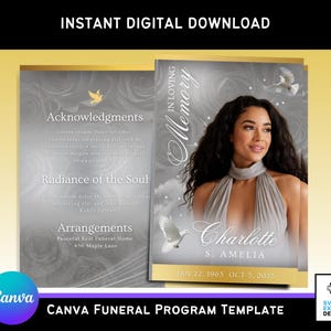 Pode incluir: Um modelo de programa de funeral cinza e branco com uma foto de uma mulher e o texto "In Loving Memory" e "Charlotte S. Amelia". O programa também inclui as datas "Jan 22, 1965 Oct 5, 2023".