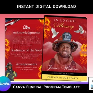 May include: A red and yellow funeral programme template featuring a photo of a firefighter in uniform. The text reads "In Loving Memory" and "James William". The programme includes the dates 22 January 1965 and 5 October 2023. The text "Forever in Our Hearts" is at the bottom of the programme.