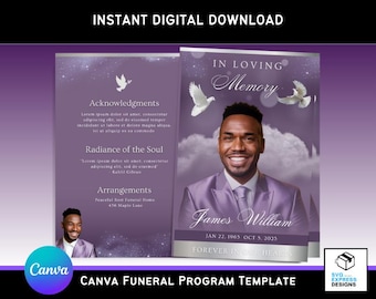 Puede incluir: Plantilla de programa de funeral morado y blanco con una foto de un hombre, palomas y nubes. El texto dice "En memoria cariñosa", "James William", "Jan 22, 1965 Oct 5, 2025", y "Para siempre en nuestros corazones".