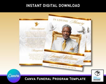 Sjabloon voor rouwprogramma van witte zijde en goud canvas – elegante dubbelgevouwen brochure (17 x 11 inch) met duiven