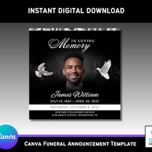 Anuncio e invitación para funeral en plata y negro / Volante conmemorativo digital, obituario, celebración de la vida / Plantilla de Canva