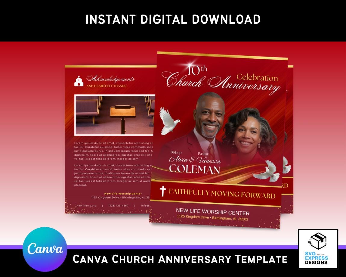 Red Church Anniversary Program Template | 17x11 Canva Bifold Brochure | 10-Page Editable Church Bulletin | Printable Digital Download