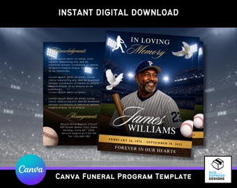 Baseball Tribute Memorial Canva Funeral Program Template | Editable Celebration of Life Bi-Fold (17x11) | Canva