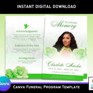 May include: A green and white funeral program template with a photo of a woman and the text "In Loving Memory Charlotte Amelia July 12, 1985 - April 20, 2023 Saturday, October 8, 2022 New Hope Fellowship Church 2436 Grace Avenue Springfield, TX"