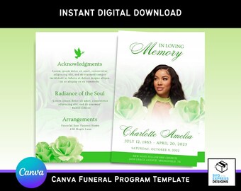 Green Roses Canva Funeral Program Template – Elegant Bi-fold Brochure ...