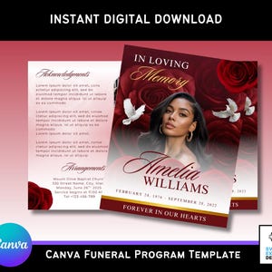 May include: A digital funeral program template with a burgundy and red rose design. The program features a photo of a woman, the text "In Loving Memory," and the name "Amelia Williams." The template includes the text "Instant Digital Download" and "Forever in Our Hearts."