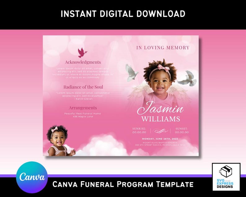 Pink Baby Girl Funeral Program Template: Editable Canva Obituary ...