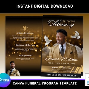 Peut inclure: Un modèle de programme funéraire Canva avec un design doré et noir. Le programme présente une photo d'un homme, des colombes, et le texte "In Loving Memory" et "Forever in Our Hearts". Téléchargement numérique.