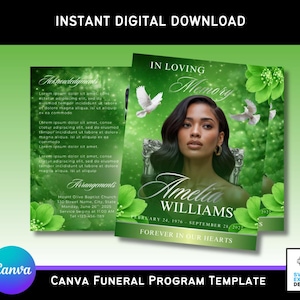 May include: A digital funeral program template with a green floral design. The program features a photo of a woman, the name "Amelia Williams", and dates. Text includes "In Loving Memory" and "Forever in Our Hearts."