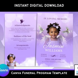 Könnte beinhalten: Eine digitale Trauerprogrammvorlage in Lilatönen mit einem Foto eines lächelnden Kindes mit Engelsflügeln. Der Text enthält "In Loving Memory", den Namen des Kindes und Veranstaltungsdetails. Das Design umfasst Tauben und das Canva-Logo.