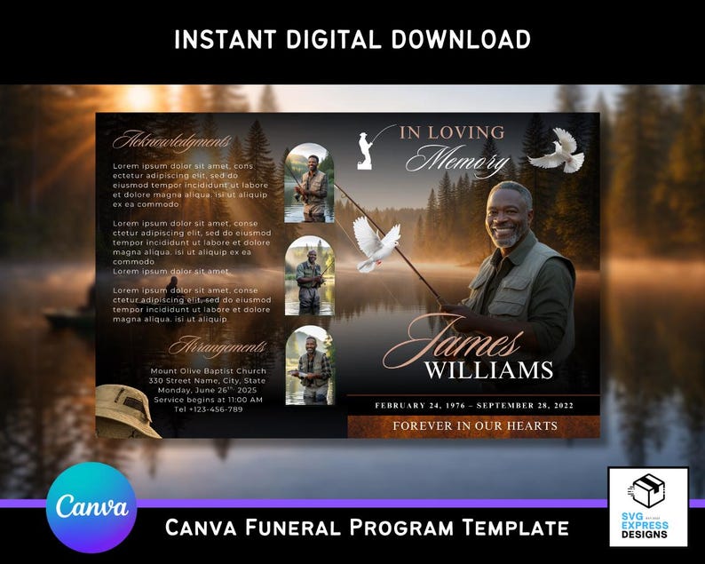 Fish Funeral Program Design Gone Fishing Memorial Funeral Program Template | Editable Angler ...