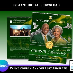 Church Anniversary Program Template: Green & Silver Marble 17x11 Bifold Bulletin (Digital Download, Canva Editable)