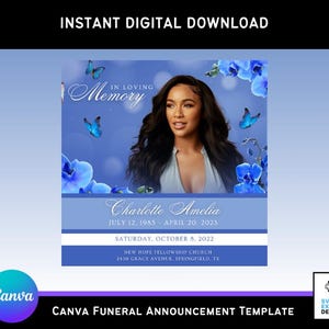Anuncio e invitación para funeral de Nubes de Mariposa Azul / Volante conmemorativo digital, obituario, celebración de la vida / Plantilla de Canva