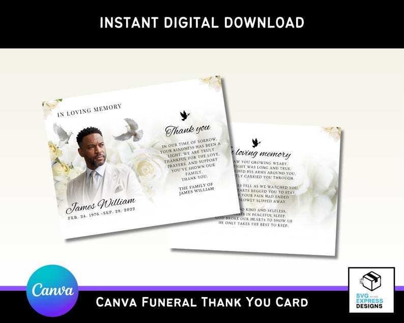 White and Black Roses Funeral Thank You Card Template | Editable Canva ...