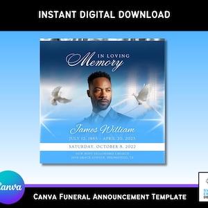 Anuncio e invitación para funeral de Escalera al Cielo Azul Celeste / Volante conmemorativo digital, obituario, celebración de la vida / Plantilla de Canva