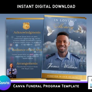 May include: A blue and gold funeral program template with a photo of a man in a police uniform. The text "In Loving Memory" is at the top of the program, and the text "James William" is below the photo. The dates "Jan 22, 1965" and "Oct 5, 2025" are below the name. The text "Forever in Our Hearts" is at the bottom of the program.