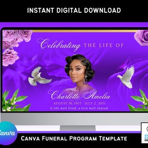 Purple Roses Funeral Slideshow Template | Memorial Video | Celebration of Life Photo Tribute | Editable Canva Template | 10 Slide Tribute