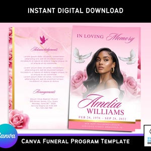 Könnte beinhalten: Ein rosa Canva-Trauerprogrammvorlage mit dem Text "In Loving Memory" und dem Namen "Amelia Williams". Das Design umfasst rosa Rosen, Tauben und den Text "Instant Digital Download".
