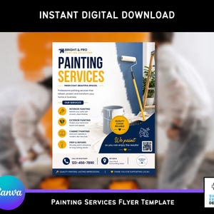 Puede incluir: Una plantilla de folleto digital para servicios de pintura con el texto Bright & Pro Painting Services, Painting Services, Fresh Coat. Beautiful Spaces. Incluye secciones para pintura interior, exterior y de armarios, un código QR y datos de contacto.