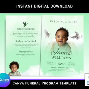 May include: A digital funeral program template with a soft green and white design. The template includes a photo of a child with angel wings, the name "James Williams", and the text "In Loving Memory". The template also includes the text "Instant Digital Download".