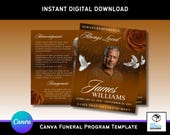 Elegant Chocolate Brown Floral Funeral Program Template: Bi-Fold Memorial (Canva Editable) (Digital Download)