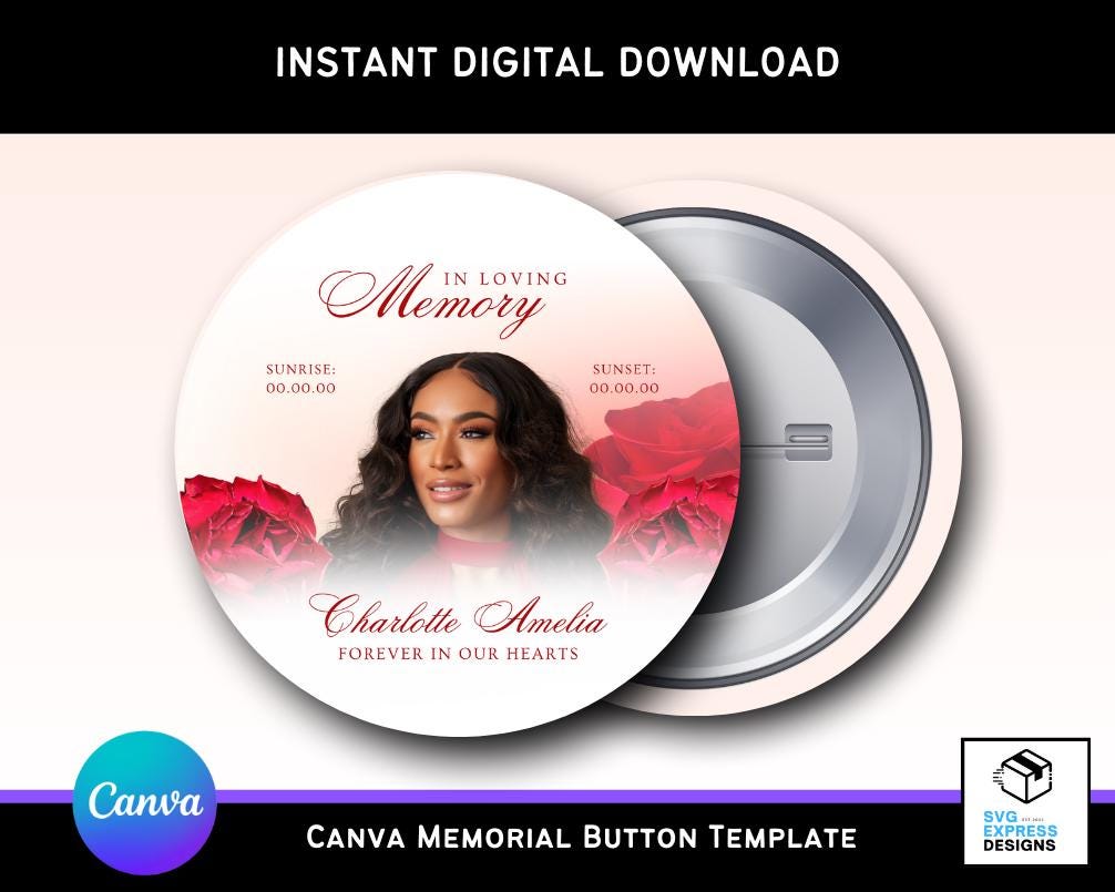 Editable Light Red Roses Memorial Button Template | Canva RIP Keepsake | 3x3 Digital Funeral Button Design