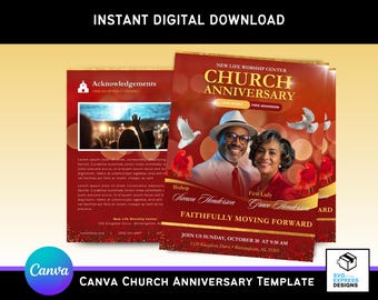 Red Sunset Church Anniversary Program Template: 17x11 Canva Bifold Brochure (Digital Download)