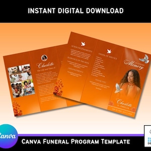Puede incluir: Plantilla de programa de funeral naranja y blanco para Canva. La plantilla presenta una paloma, rosas y el texto "En memoria cariñosa".