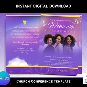 Può includere: Modello digitale per l'8a Conferenza Annuale delle Donne. Il design presenta uno schema di colori viola e oro con immagini di donne e colombe. Il testo include i dettagli dell'evento, la data e la frase "Find Your Purpose".