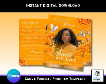 Elegant Orange & Gold Funeral Program | Floral Memorial Program Template | Canva Bi-Fold 17x11