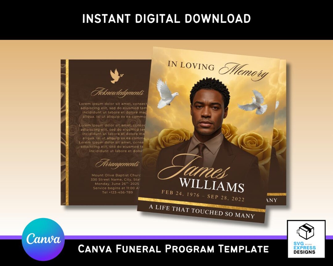 Elegant Brown Rose Funeral Program Template: Bi-fold Brochure (canva ...