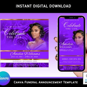 Anuncio e invitación para funeral con rosas violetas y moradas / Volante conmemorativo digital, obituario, celebración de la vida / Plantilla de Canva