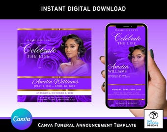 Anuncio e invitación para funeral de Violet Roses: Plantilla de Canva para volante conmemorativo (descarga digital)