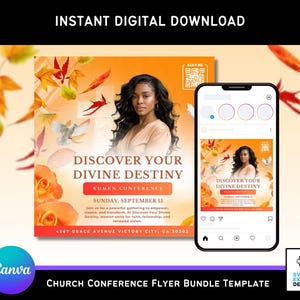Peut inclure: Un ensemble de téléchargement numérique avec une conception de flyer pour une conférence de femmes. La conception comprend une image d'une femme, des éléments floraux et le texte "Discover Your Divine Destiny". Un smartphone affiche la conception du flyer.