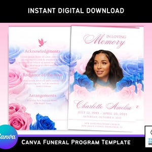 May include: A Canva funeral program template with a photo of a woman, surrounded by pink and blue roses. The text reads "In Loving Memory" and includes the name "Charlotte Amelia" and dates. The top banner says "Instant Digital Download".