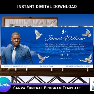 Può includere: Un modello digitale per programma funebre con sfondo blu, con un ritratto di un uomo in giacca e cravatta, colombe bianche e il testo "James William". Include il testo "Download digitale istantaneo" e "Modello di programma funebre Canva."