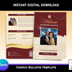 Op de afbeelding: Een digitale kerkbulletin sjabloon met een bordeauxrode en gouden kleurenschema. Het bulletin bevat de tekst "Welcome Faithrise Church", diensttijden en een foto van een stel. De tekst "Instant Digital Download" staat bovenaan.