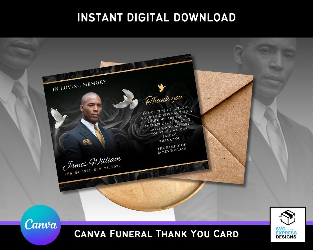 Black and Gold Roses Funeral Thank You Card Template | Editable Canva ...